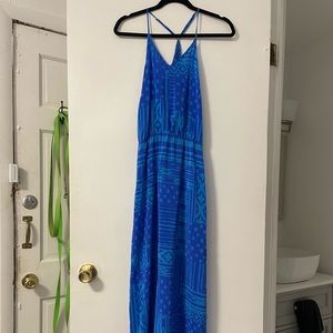 AMANDA UPRICHARD Blue Geometric Print Y-Back Elastic Waist Silk Maxi Dre…